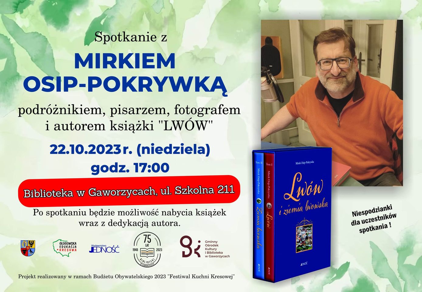 Zdjęcie przedstawia mężczyznę i informacje o spotkaniu autorskim
