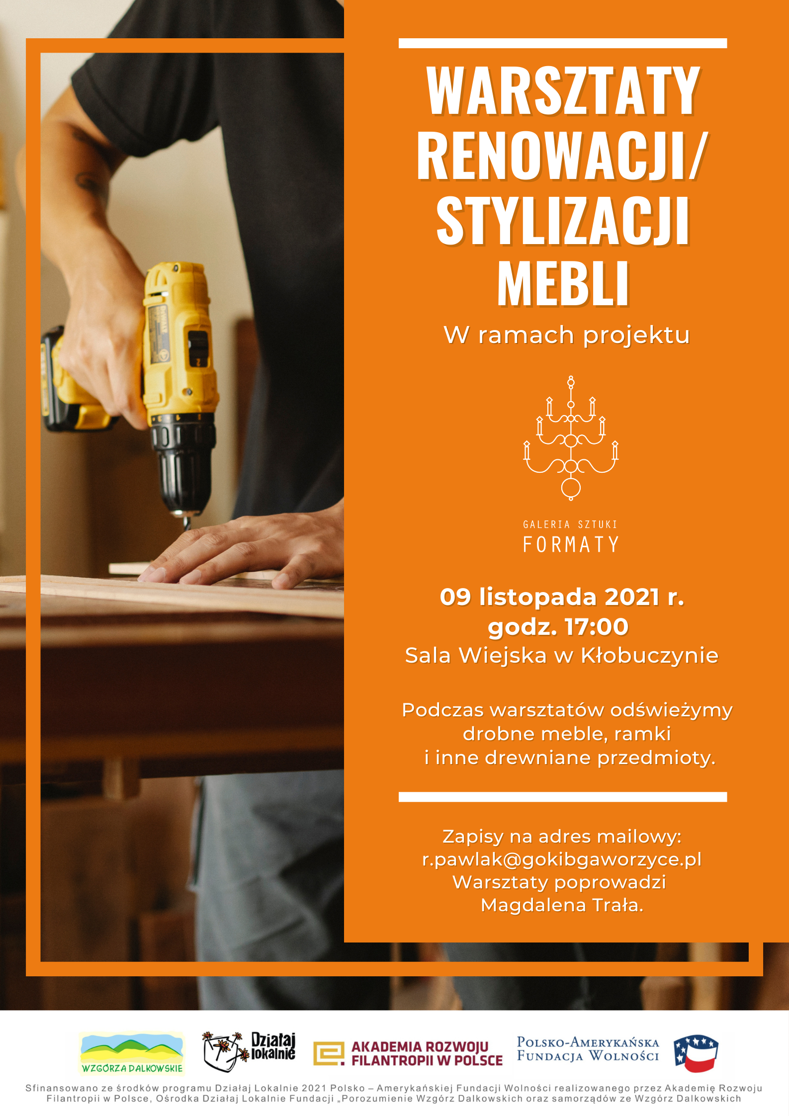 Warsztaty renowacji/  stylizacji mebli plakat 9.11.2021 17:00