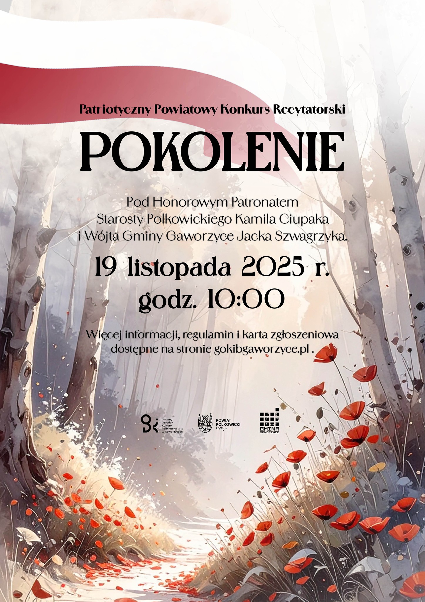 Plakat informujący o&nbsp;powiatowym konkursie recytatorskim "Pokolenie"