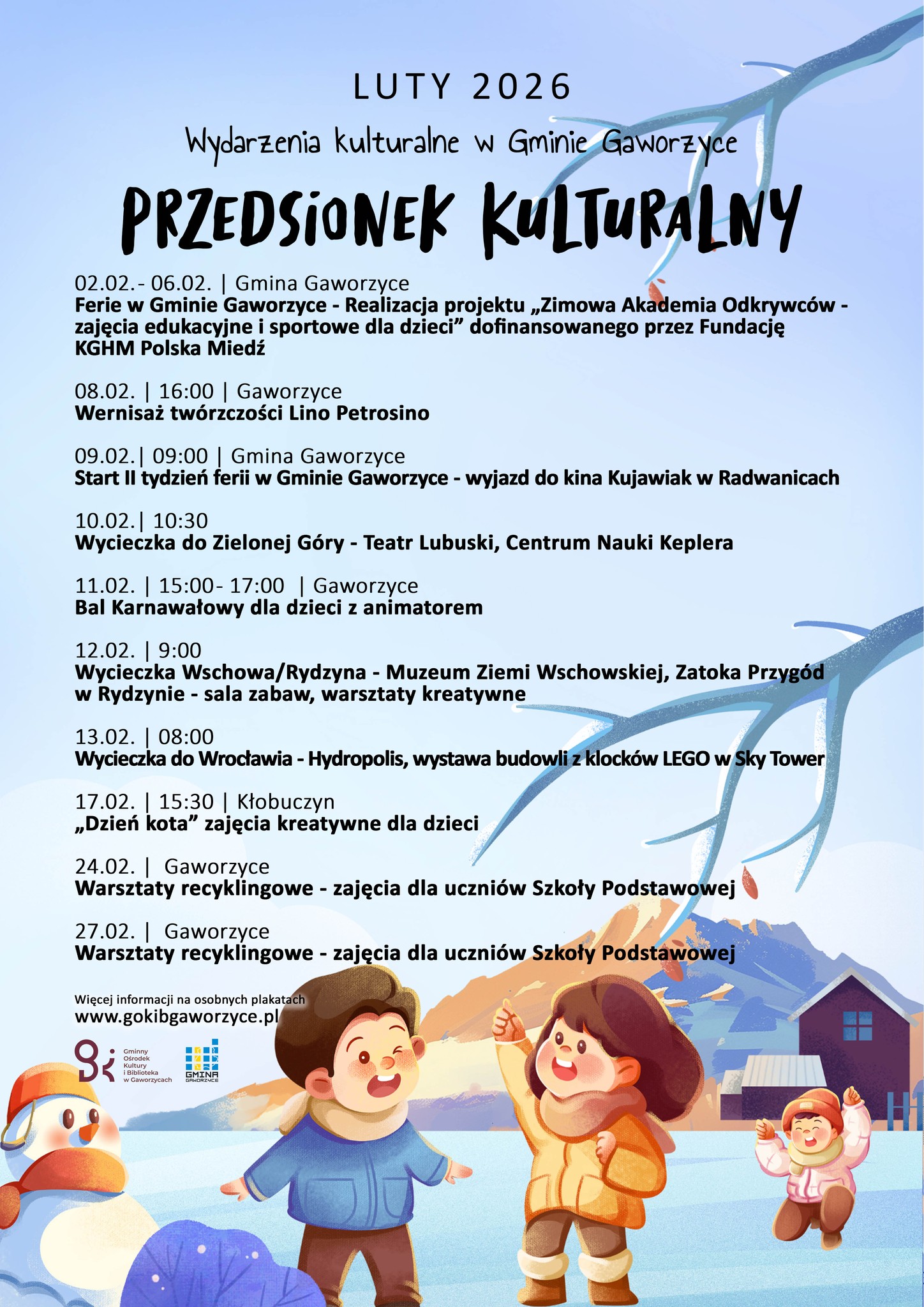 Plakat informujący o&nbsp;wydarzeniach kulturalnych w&nbsp;Gminie Gaworzyce w&nbsp;lutym 2026